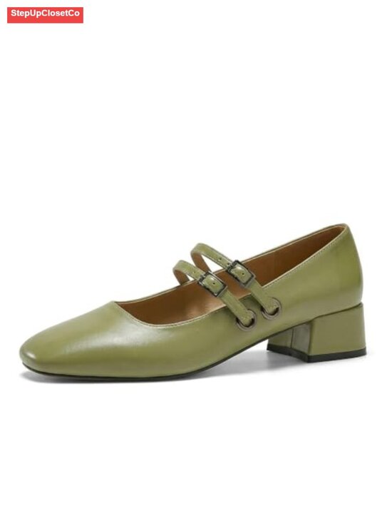 Shoes - Low Pearl Heels Closed Square Toe Pumps Mary Jane Double Strap Comfortable Slip